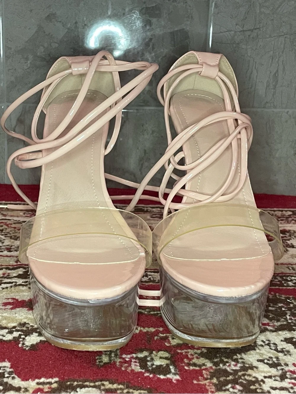 Nude Pink Lace-Up Clear Platform Heels